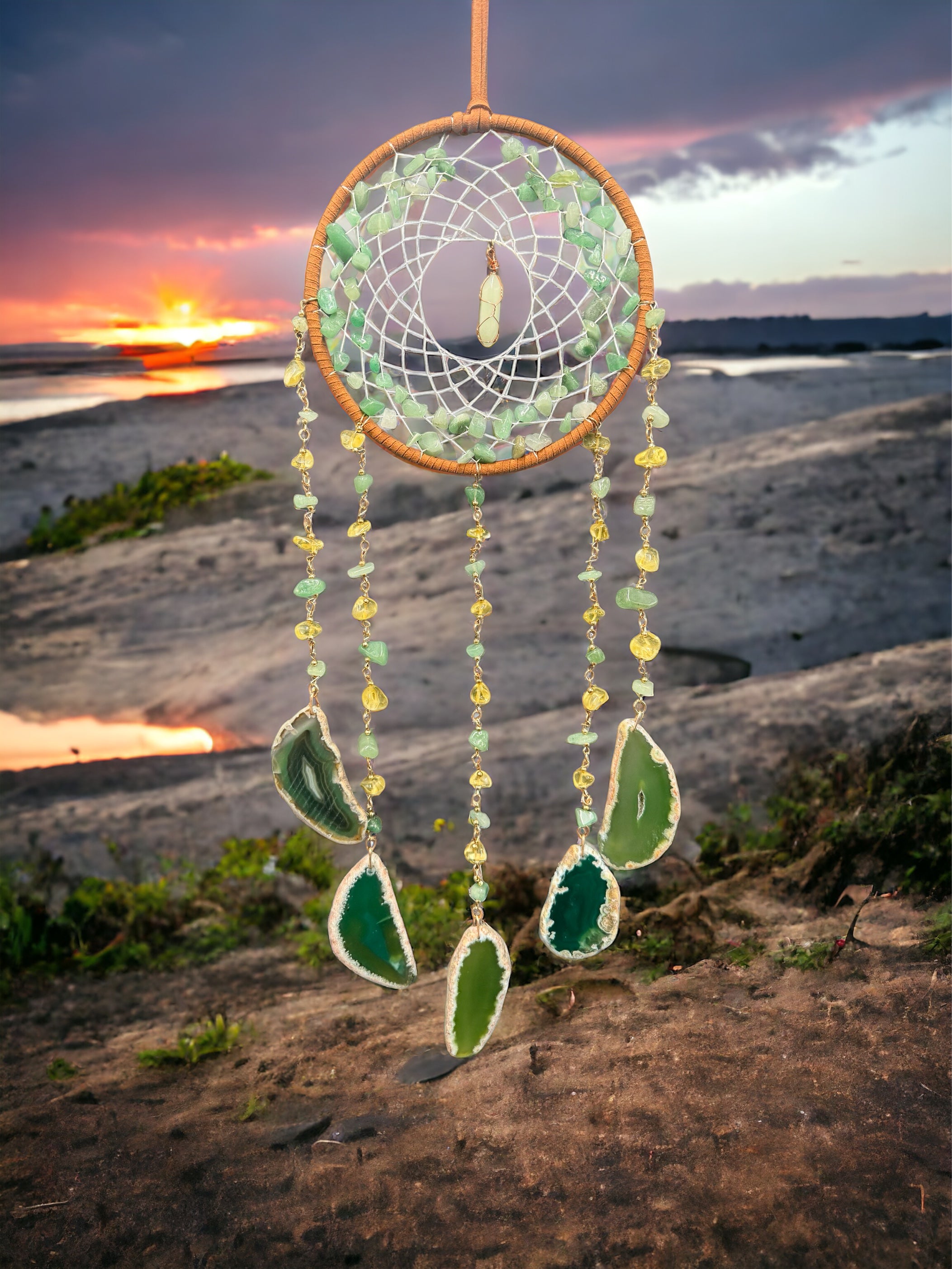 Green Aventurine, Agate & Fluorite Crystal Dream Catcher