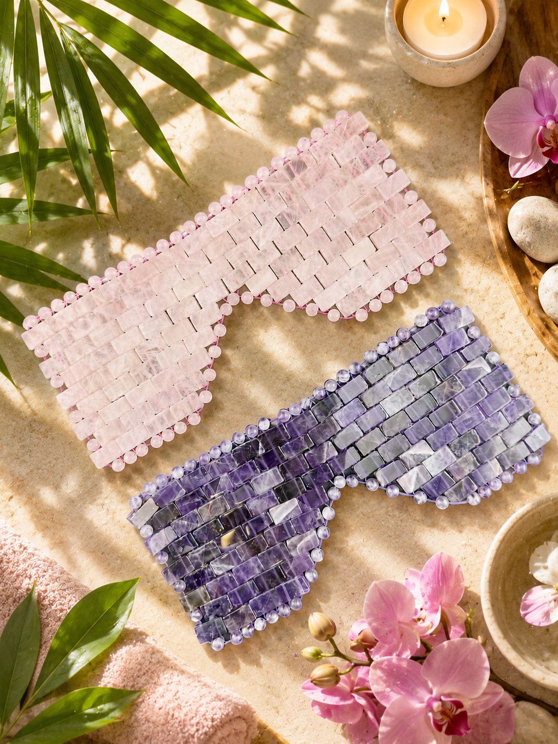 Natural rose quartz and amethyst crystal eye masks displayed in a luxury spa-inspired setting for relaxation, self-care, and energy healing.