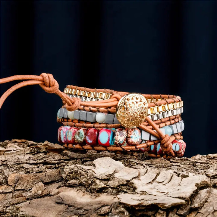 Bohemian King Jasper Heart 3-Layer Leather Wrap Around Bracelet