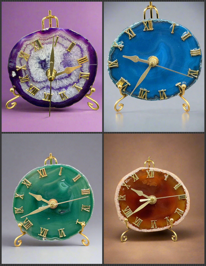 Natural Agate Slice Clock with Golden Stand