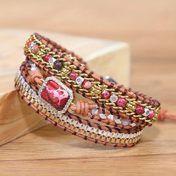 Red Sea Sediment Jasper Dainty 3-Layer Leather Wrap Around Bracelet