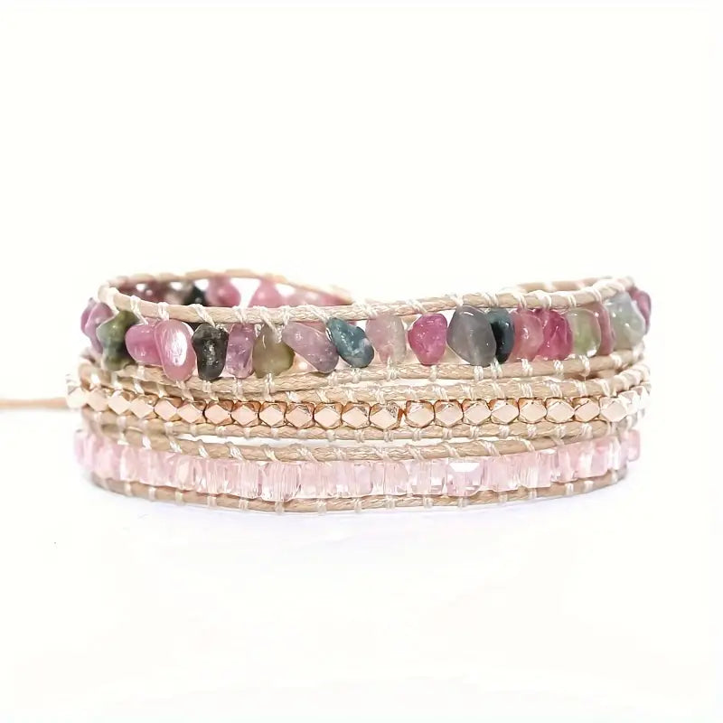 Tourmaline and Hematite 3-Layer Leather Wrap Around Bracelet