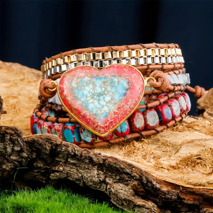 Bohemian King Jasper Heart 3-Layer Leather Wrap Around Bracelet