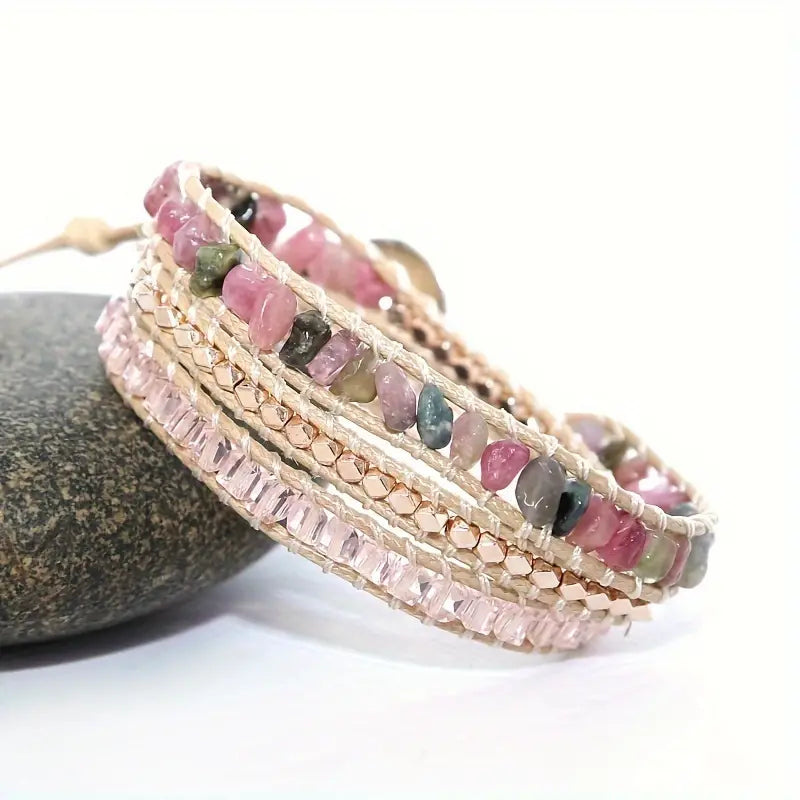 Tourmaline and Hematite 3-Layer Leather Wrap Around Bracelet