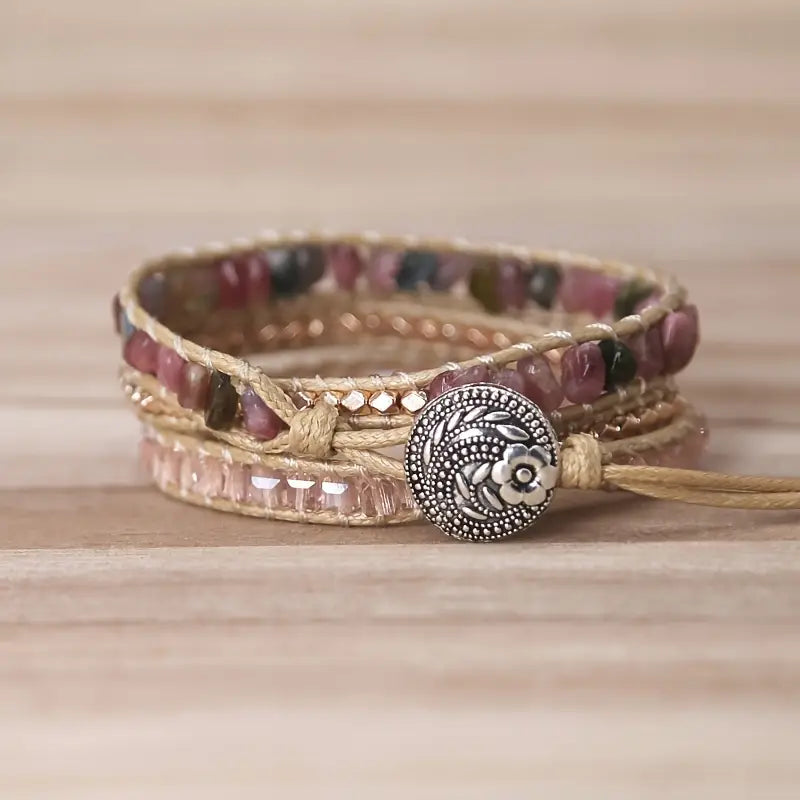 Tourmaline and Hematite 3-Layer Leather Wrap Around Bracelet