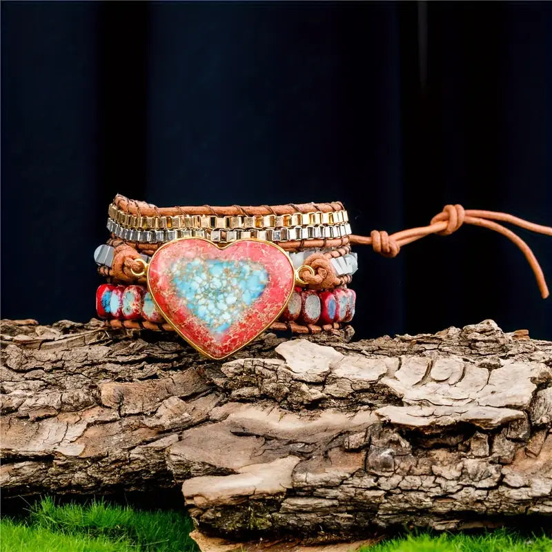 Bohemian King Jasper Heart 3-Layer Leather Wrap Around Bracelet