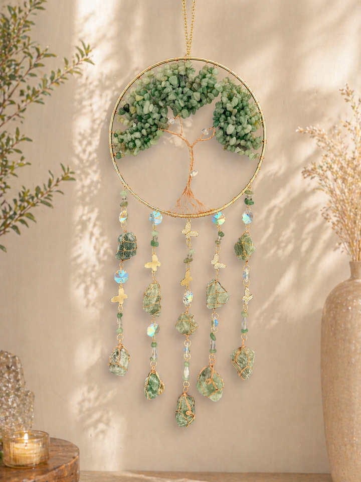 Green Aventurine Tree of Life Butterfly Sun Catcher