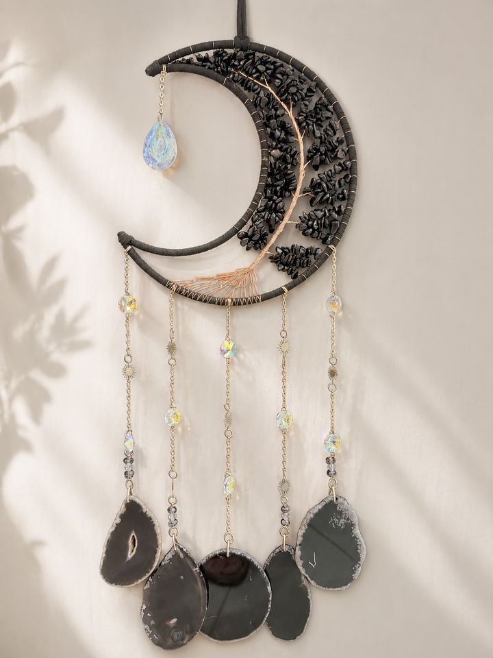 Black Obsidian & Black Agate Moon and Tree of Life Sun Catcher