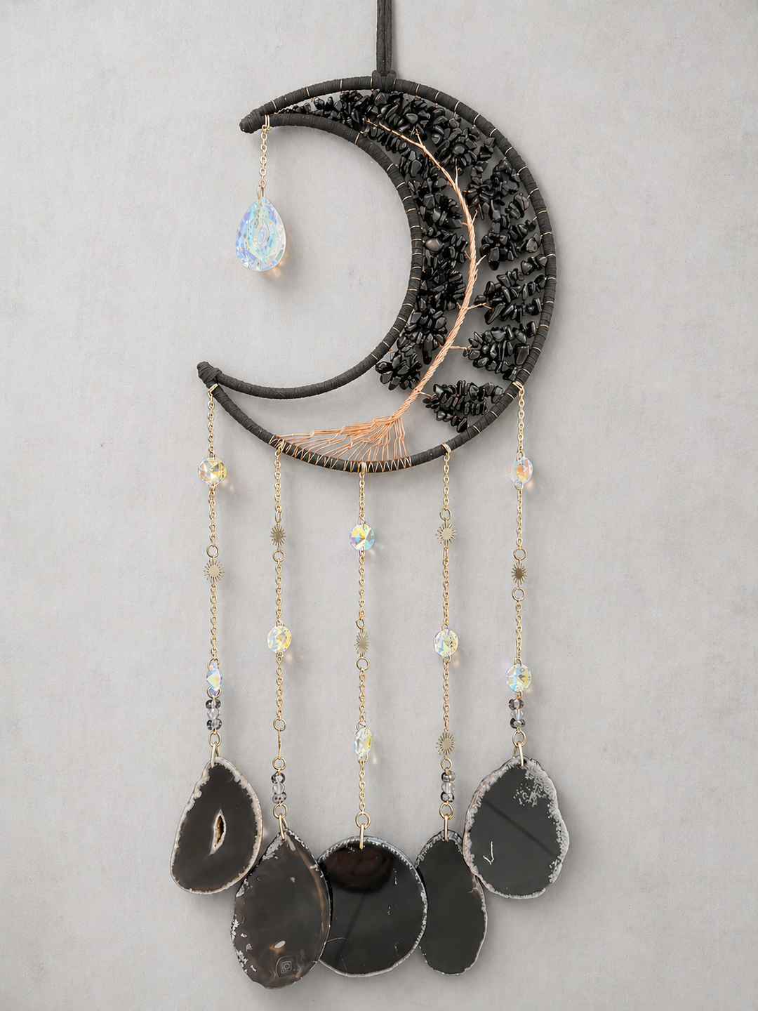 Black Obsidian & Black Agate Moon and Tree of Life Sun Catcher