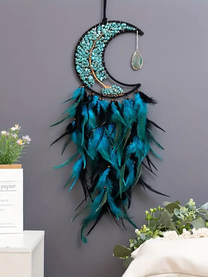 Lunar Serenity Dream Catcher – Crescent Moon with Turquoise Crystals & Feathers