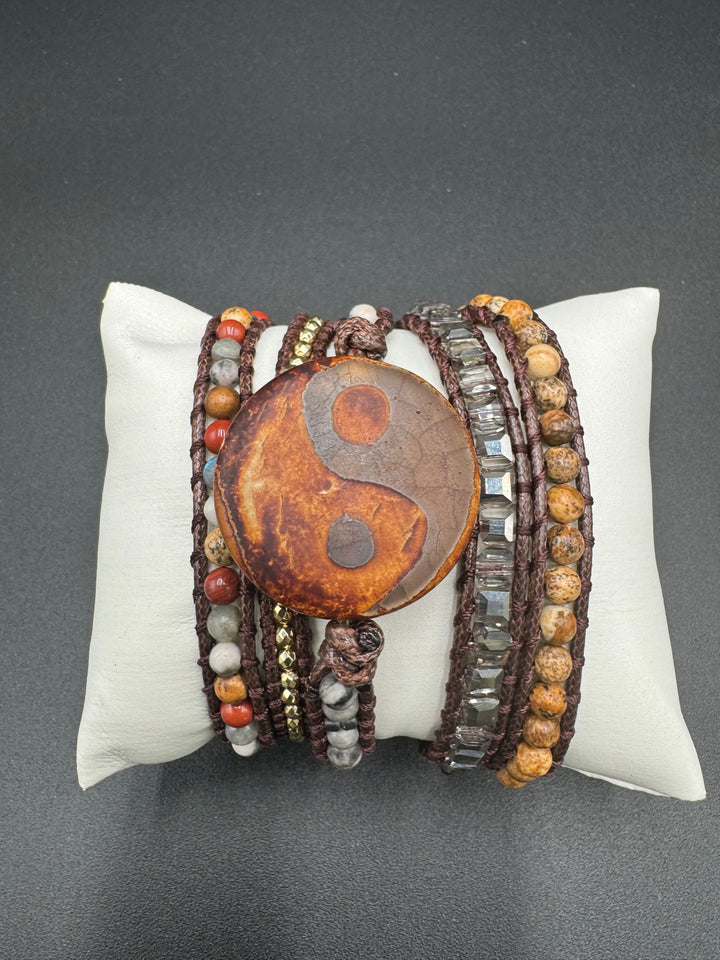 Vintage-Inspired Yin Yang Agate Beaded 5-Layer Wrap Around Bracelet