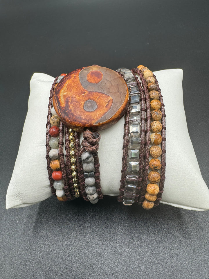 Vintage-Inspired Yin Yang Agate Beaded 5-Layer Wrap Around Bracelet