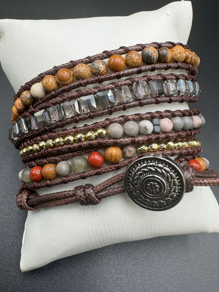 Vintage-Inspired Yin Yang Agate Beaded 5-Layer Wrap Around Bracelet
