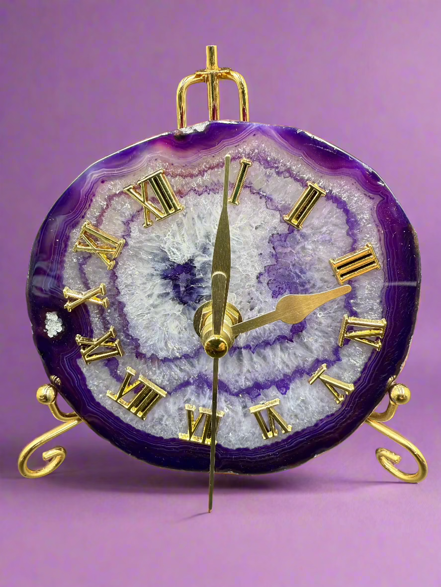 Natural Agate Slice Clock with Golden Stand