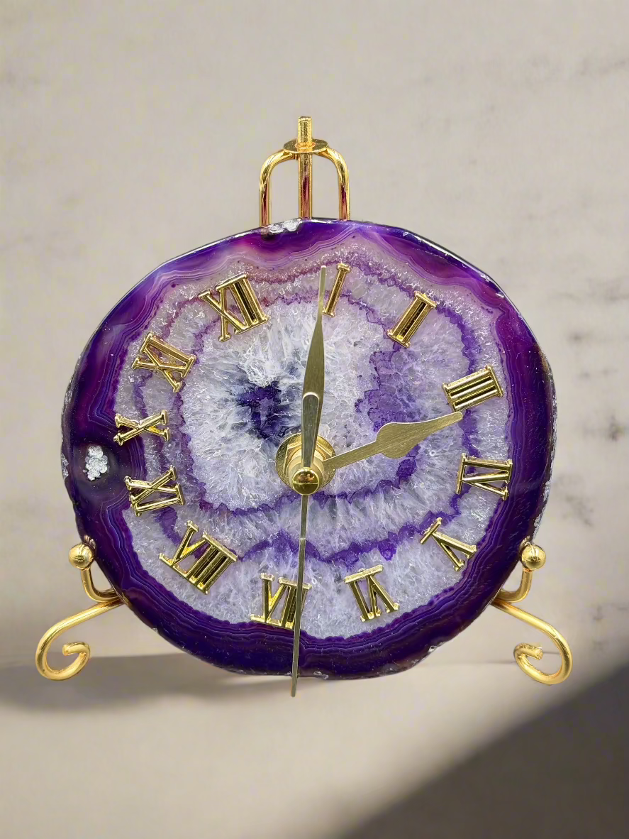 Natural Agate Slice Clock with Golden Stand