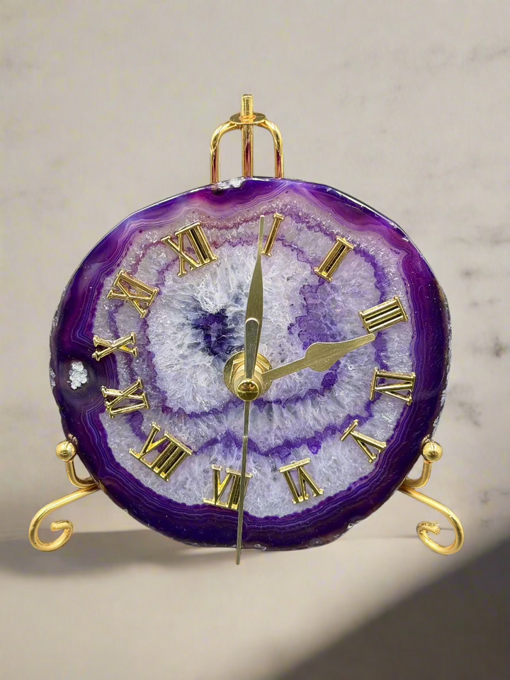 Natural Agate Slice Clock with Golden Stand