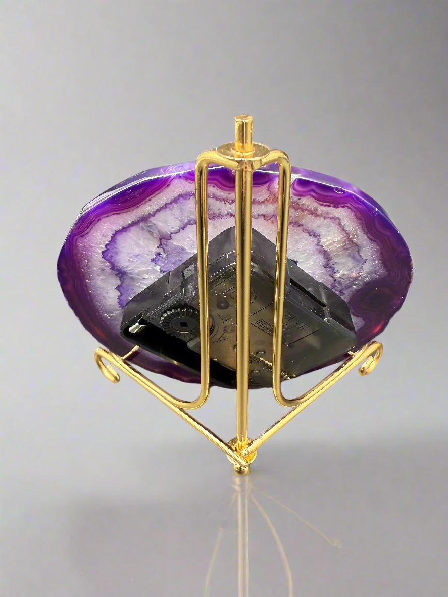 Natural Agate Slice Clock with Golden Stand