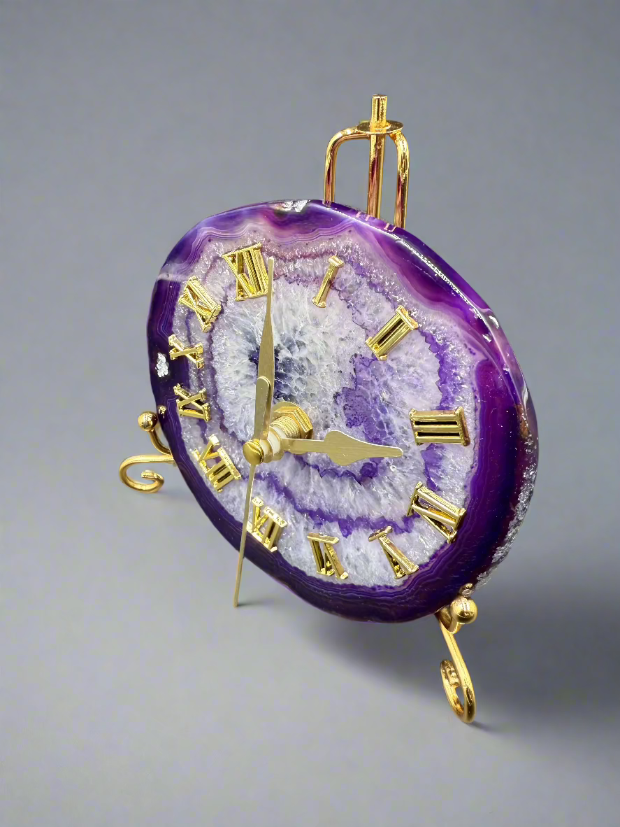 Natural Agate Slice Clock with Golden Stand