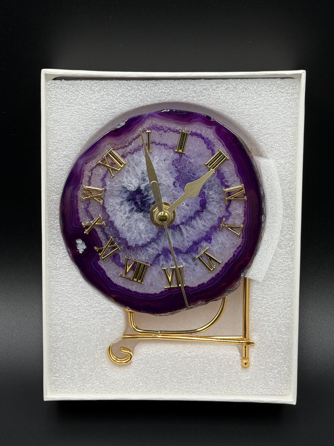 Natural Agate Slice Clock with Golden Stand