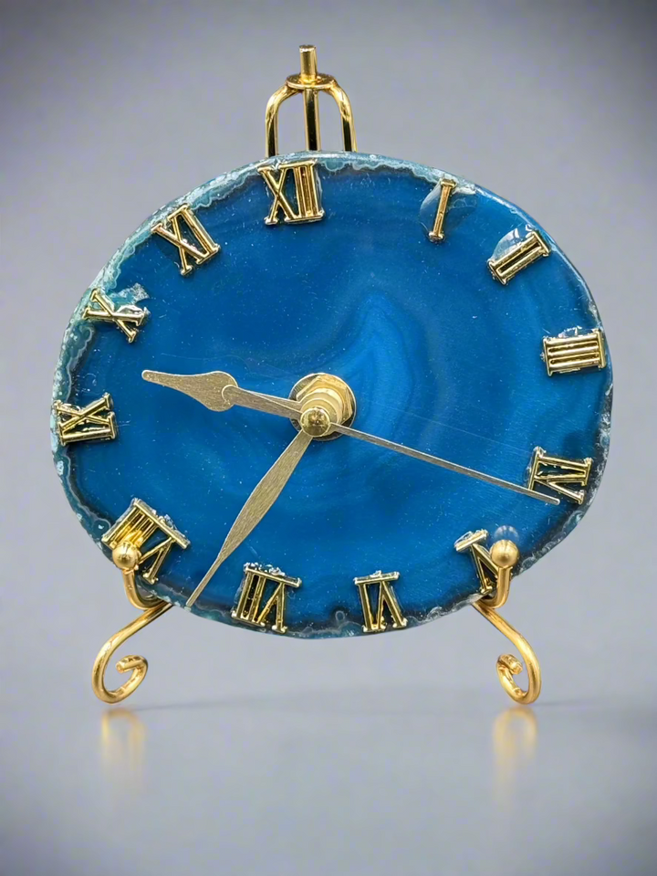 Natural Agate Slice Clock with Golden Stand
