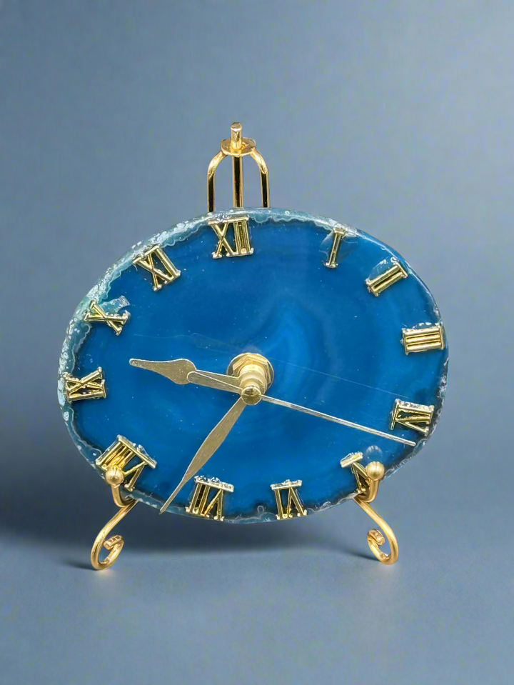Natural Agate Slice Clock with Golden Stand