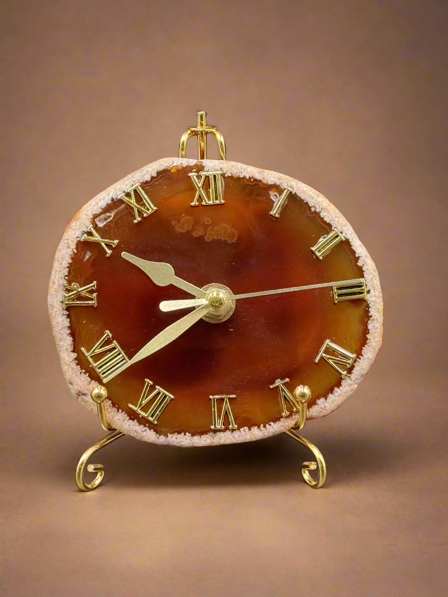Natural Agate Slice Clock with Golden Stand
