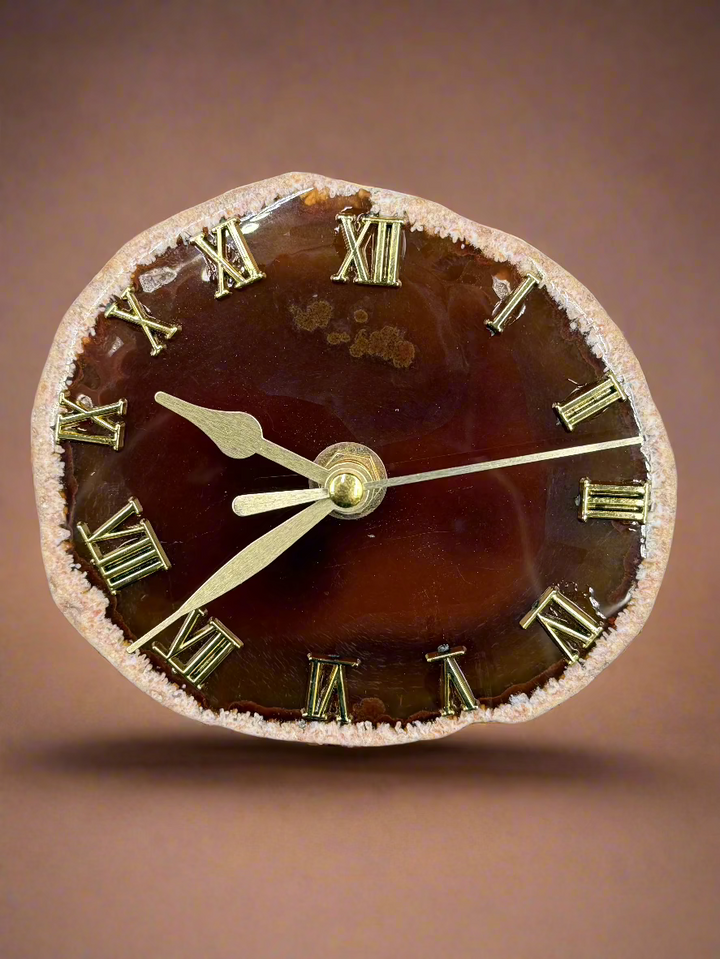 Natural Agate Slice Clock with Golden Stand