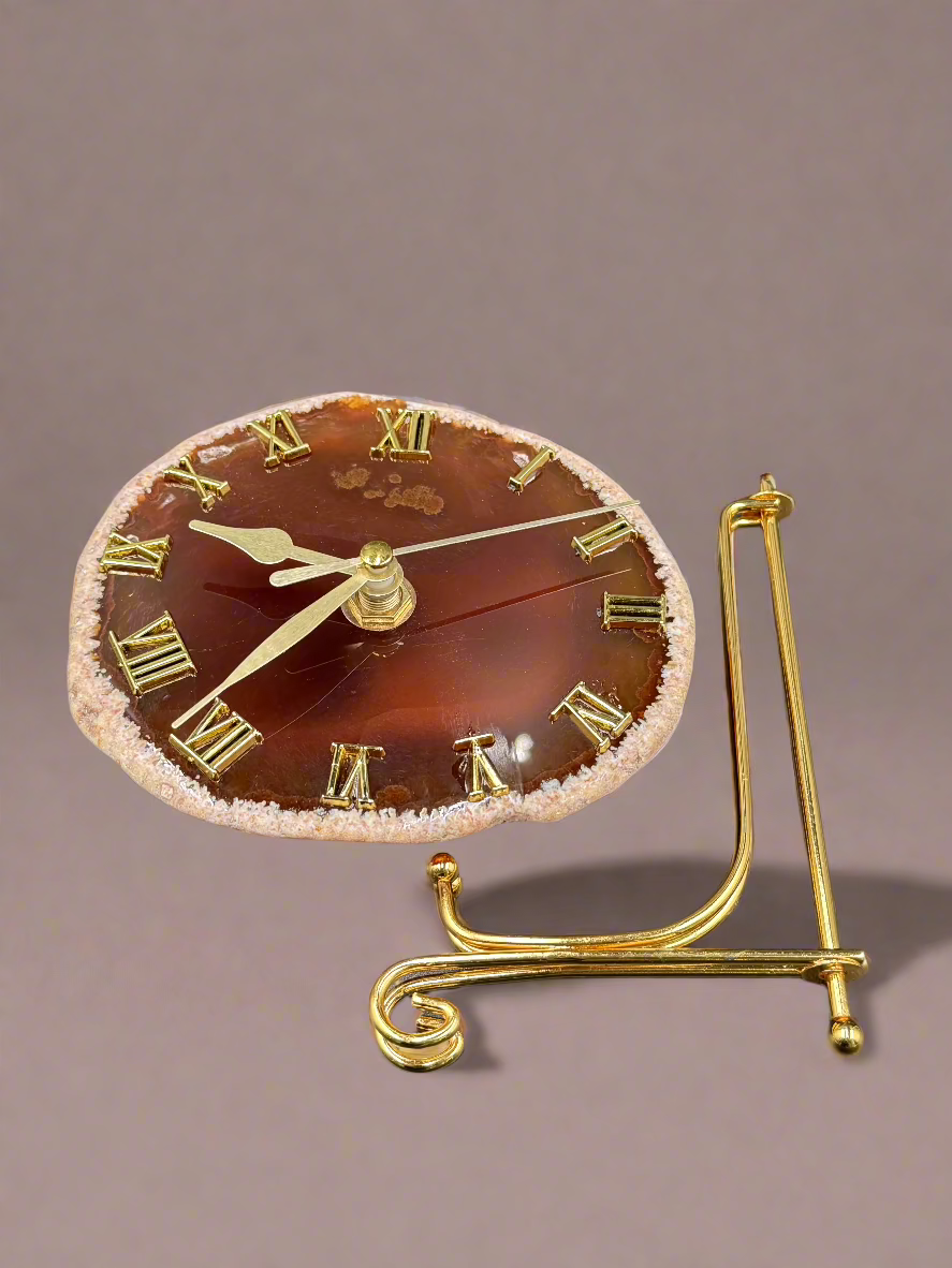 Natural Agate Slice Clock with Golden Stand