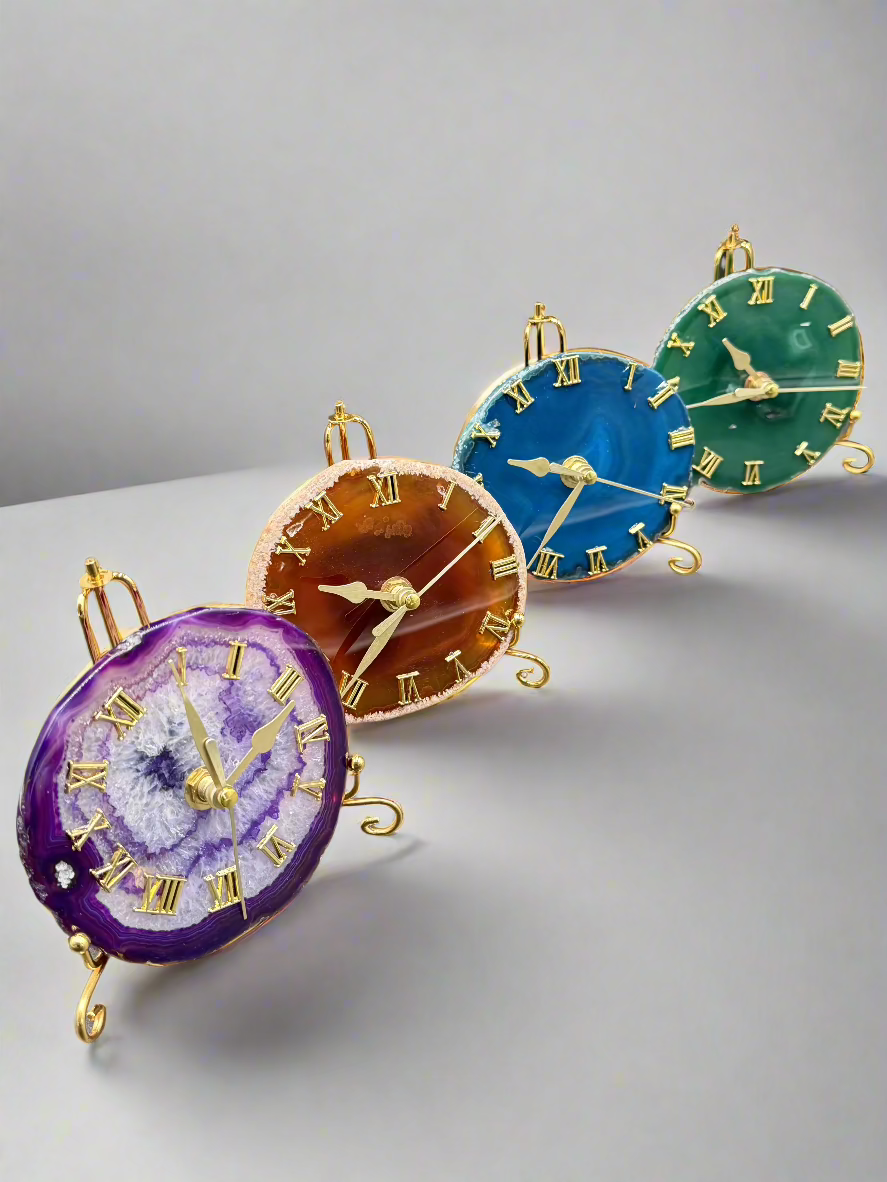 Natural Agate Slice Clock with Golden Stand