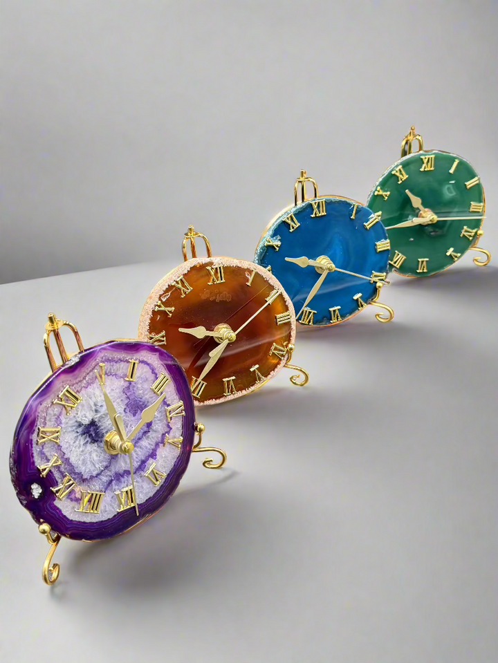 Natural Agate Slice Clock with Golden Stand