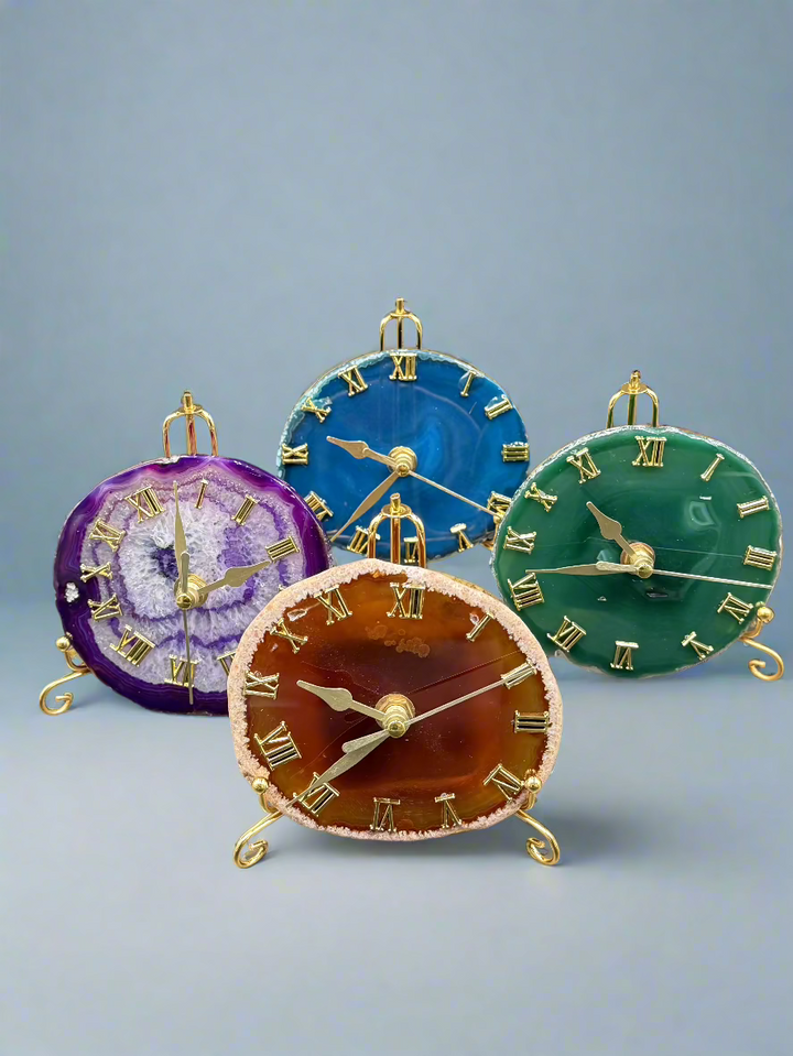 Natural Agate Slice Clock with Golden Stand