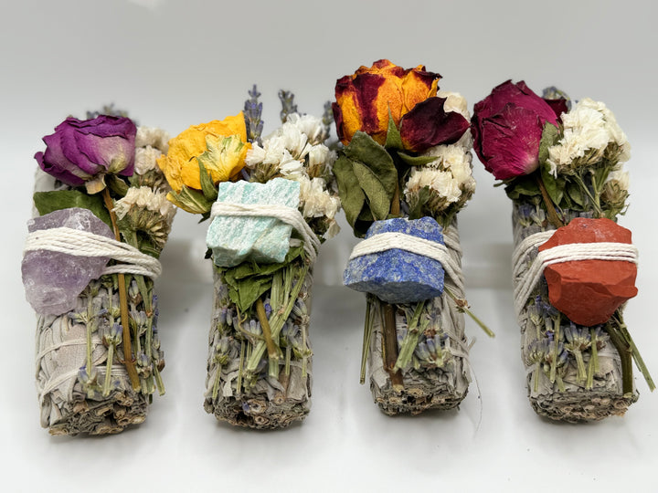 Exquisite Sage Sticks with Roses and Crystals (Set of 8 Sticks)