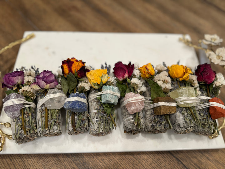 Exquisite Sage Sticks with Roses and Crystals (Set of 8 Sticks)