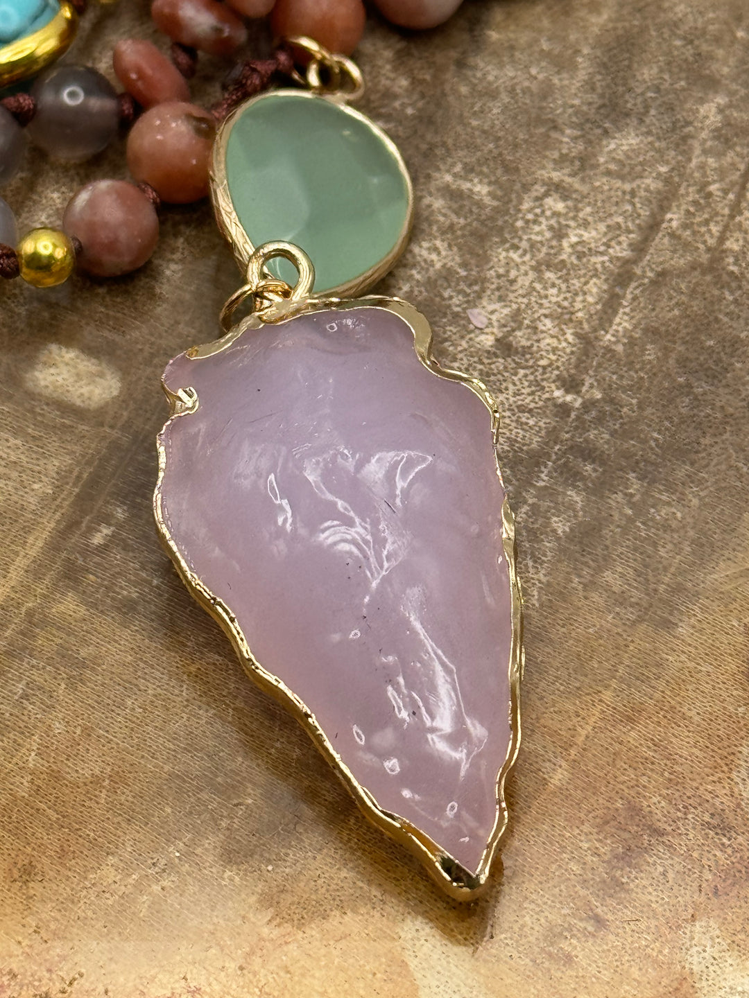 RoseAura Serenity: Rose Quartz 108 Bead Arrowhead Mala Neckalce