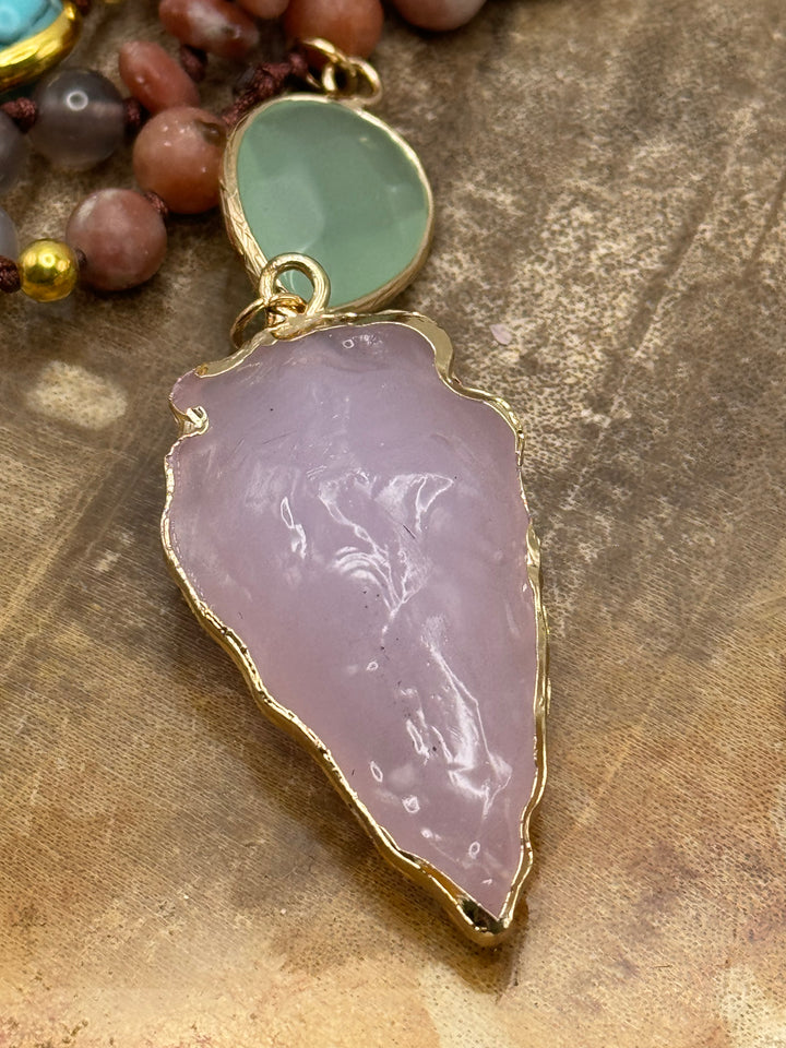 RoseAura Serenity: Rose Quartz 108 Bead Arrowhead Mala Neckalce