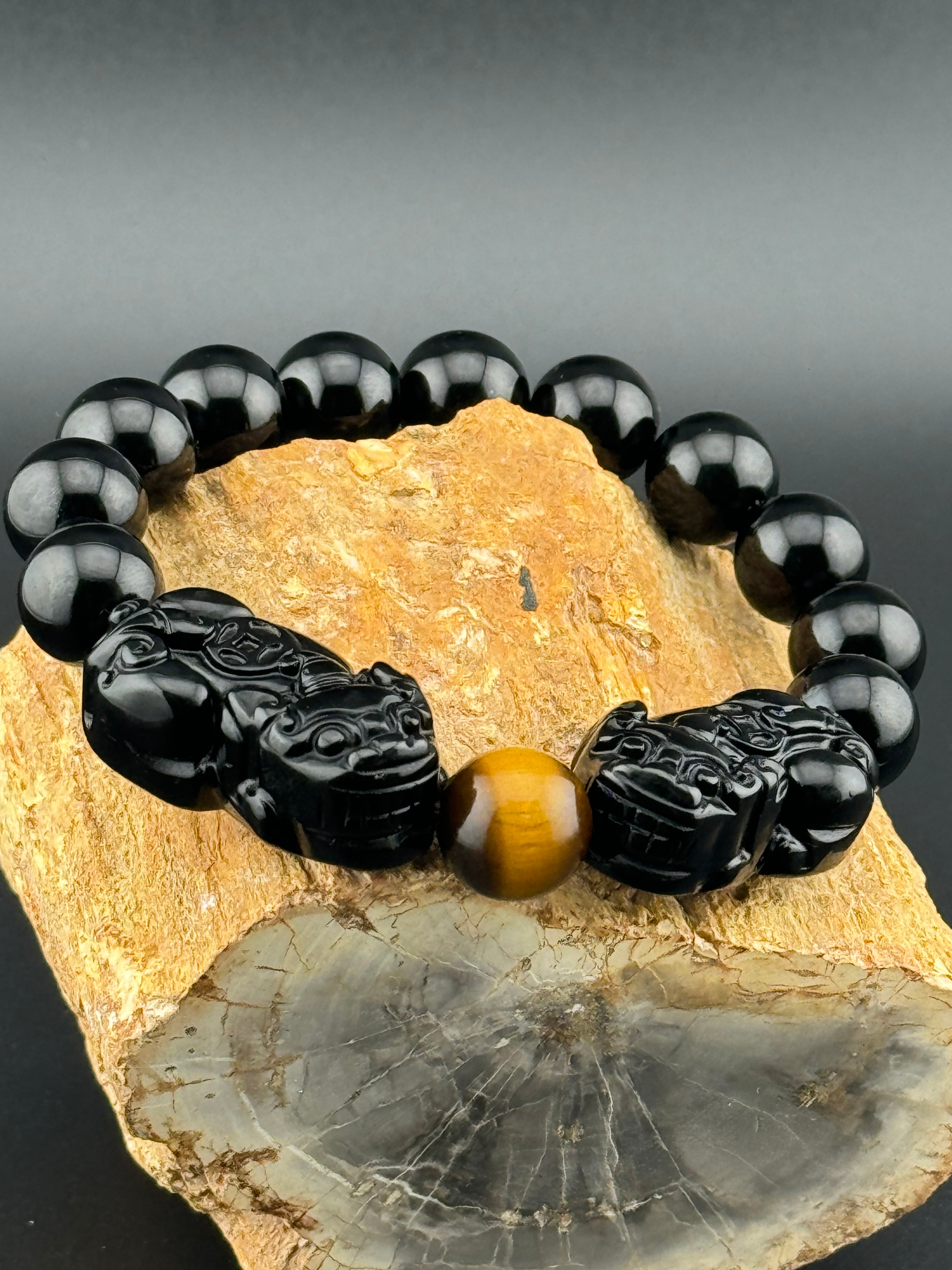 Prosperity Guardian - Black & Gold Obsidian Double Pixiu Men's
