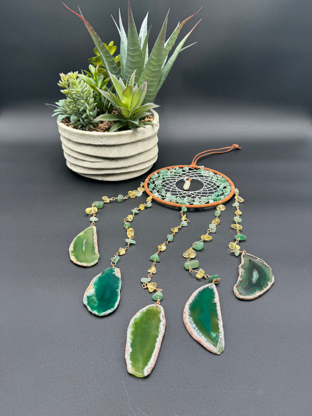 Green Aventurine, Agate & Fluorite Crystal Dreamcatcher Sun catcher