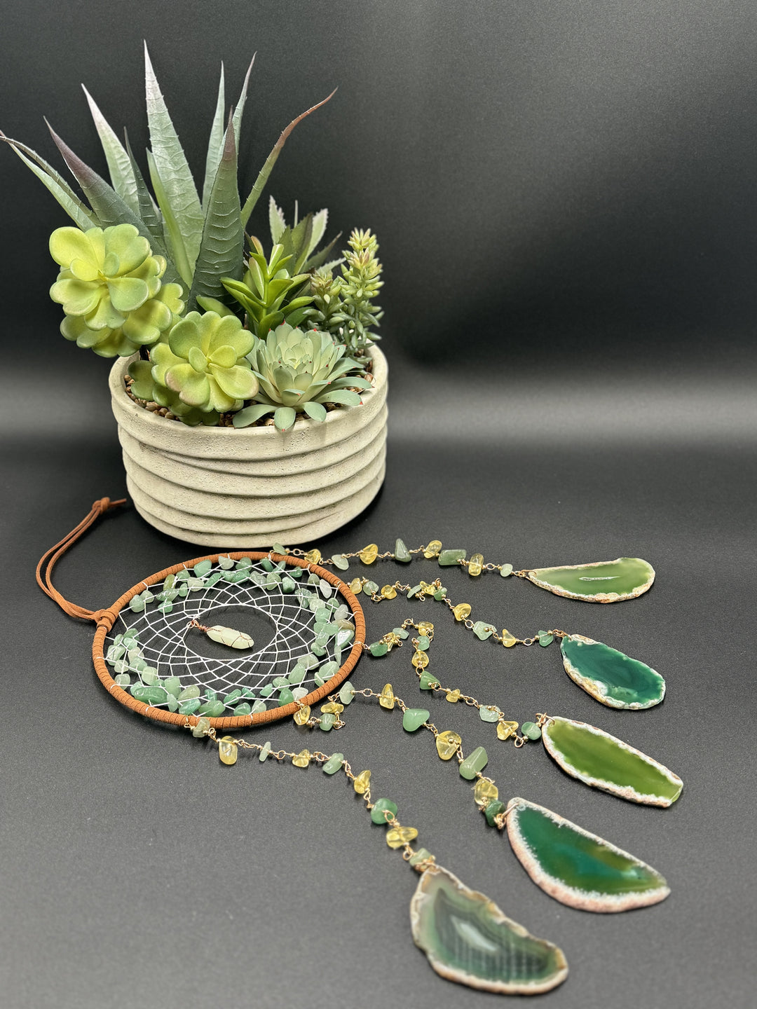 Green Aventurine, Agate & Fluorite Crystal Dreamcatcher Sun catcher