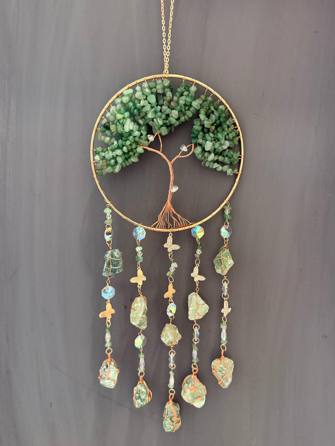 Green Aventurine Tree of Life Butterfly Sun Catcher
