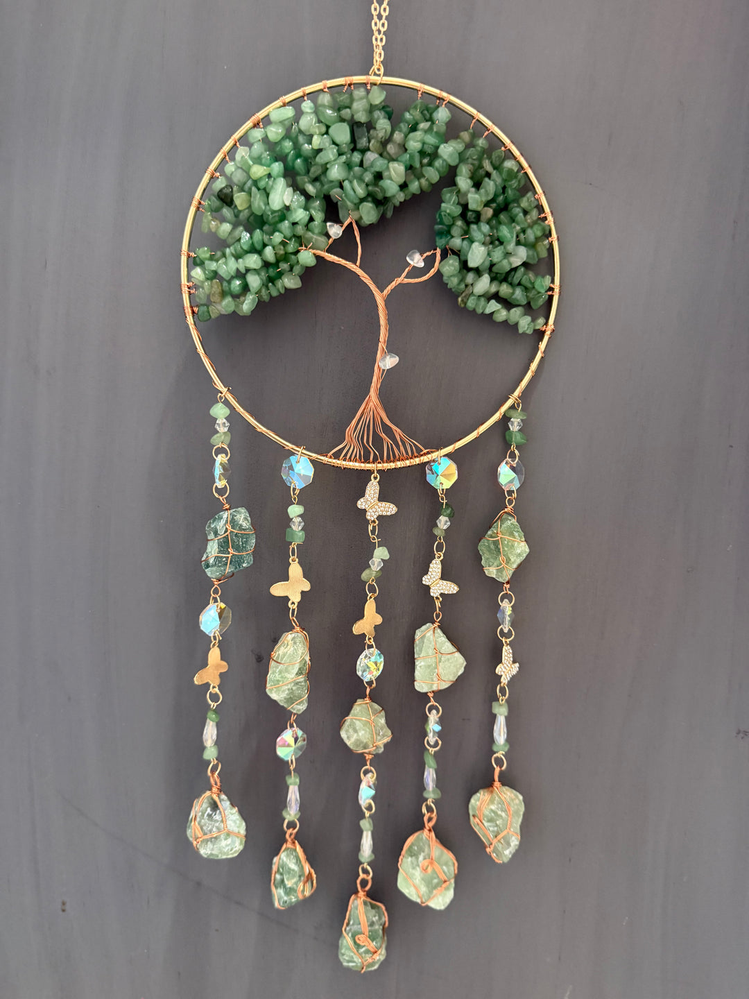 Green Aventurine Tree of Life Butterfly Sun Catcher