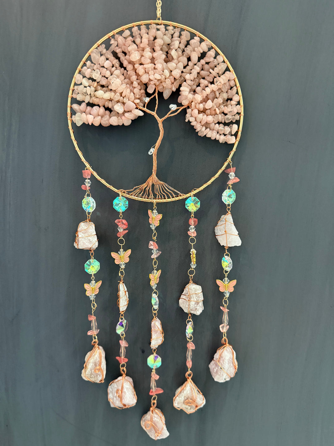 Rose Quartz Tree of Life Butterfly Sun Catcher