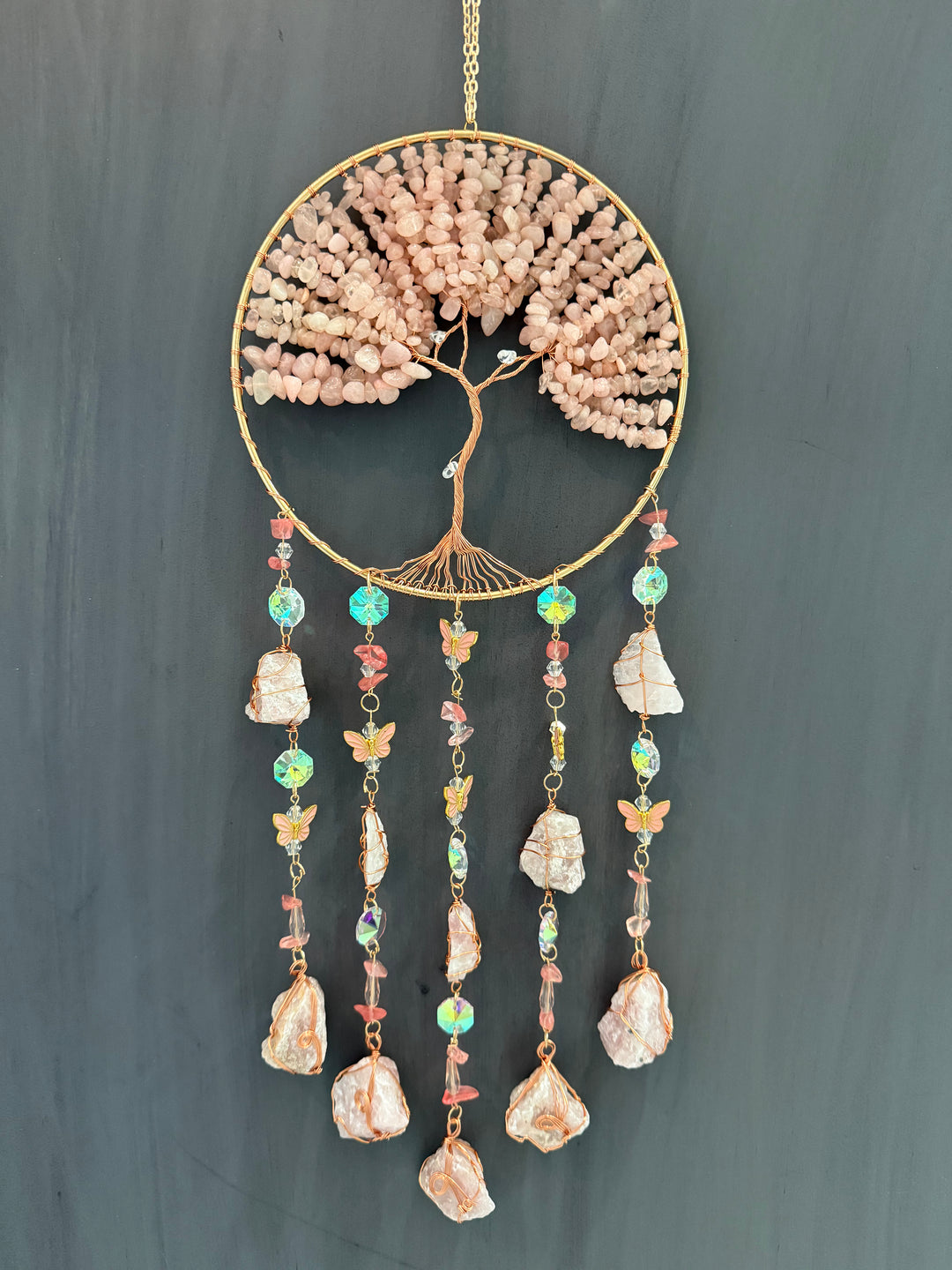 Rose Quartz Tree of Life Butterfly Sun Catcher