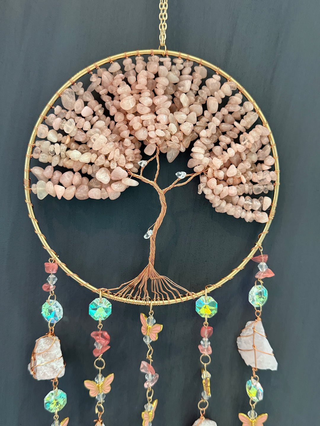 Rose Quartz Tree of Life Butterfly Sun Catcher