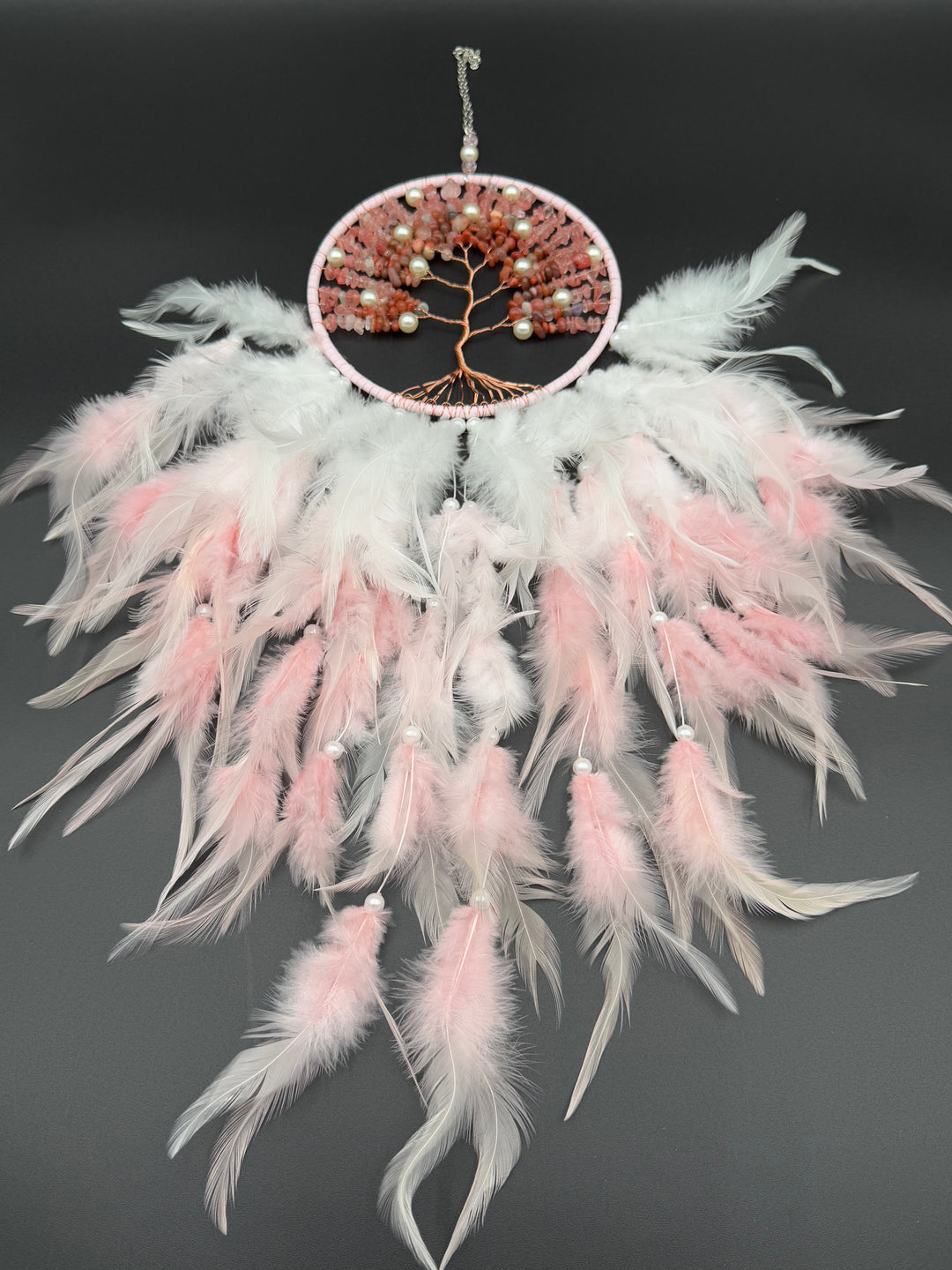 Tree of Love Dream Catcher – Rose Quartz, Carnelian, and Pearl Elegance