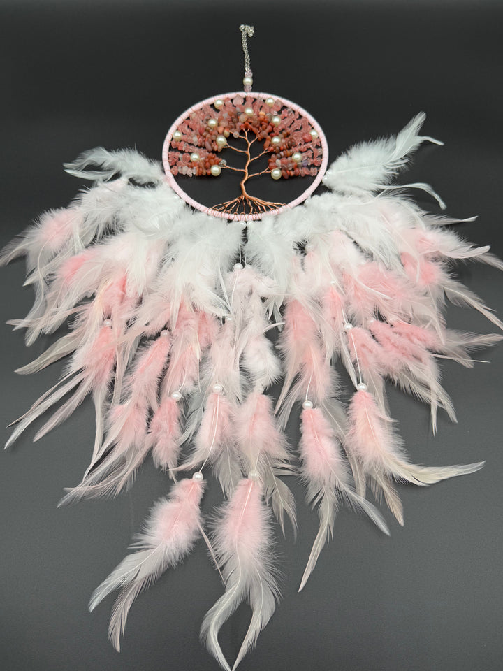 Tree of Love Dream Catcher – Rose Quartz, Carnelian, and Pearl Elegance