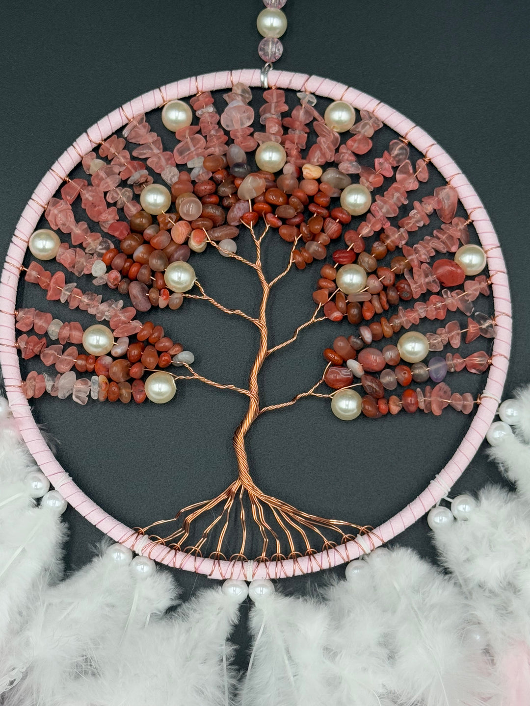 Tree of Love Dream Catcher – Rose Quartz, Carnelian, and Pearl Elegance