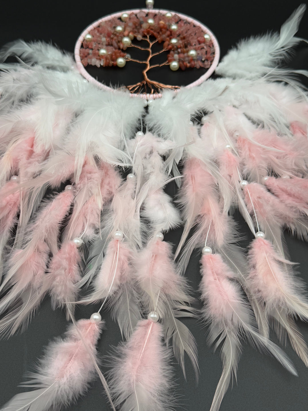 Tree of Love Dream Catcher – Rose Quartz, Carnelian, and Pearl Elegance