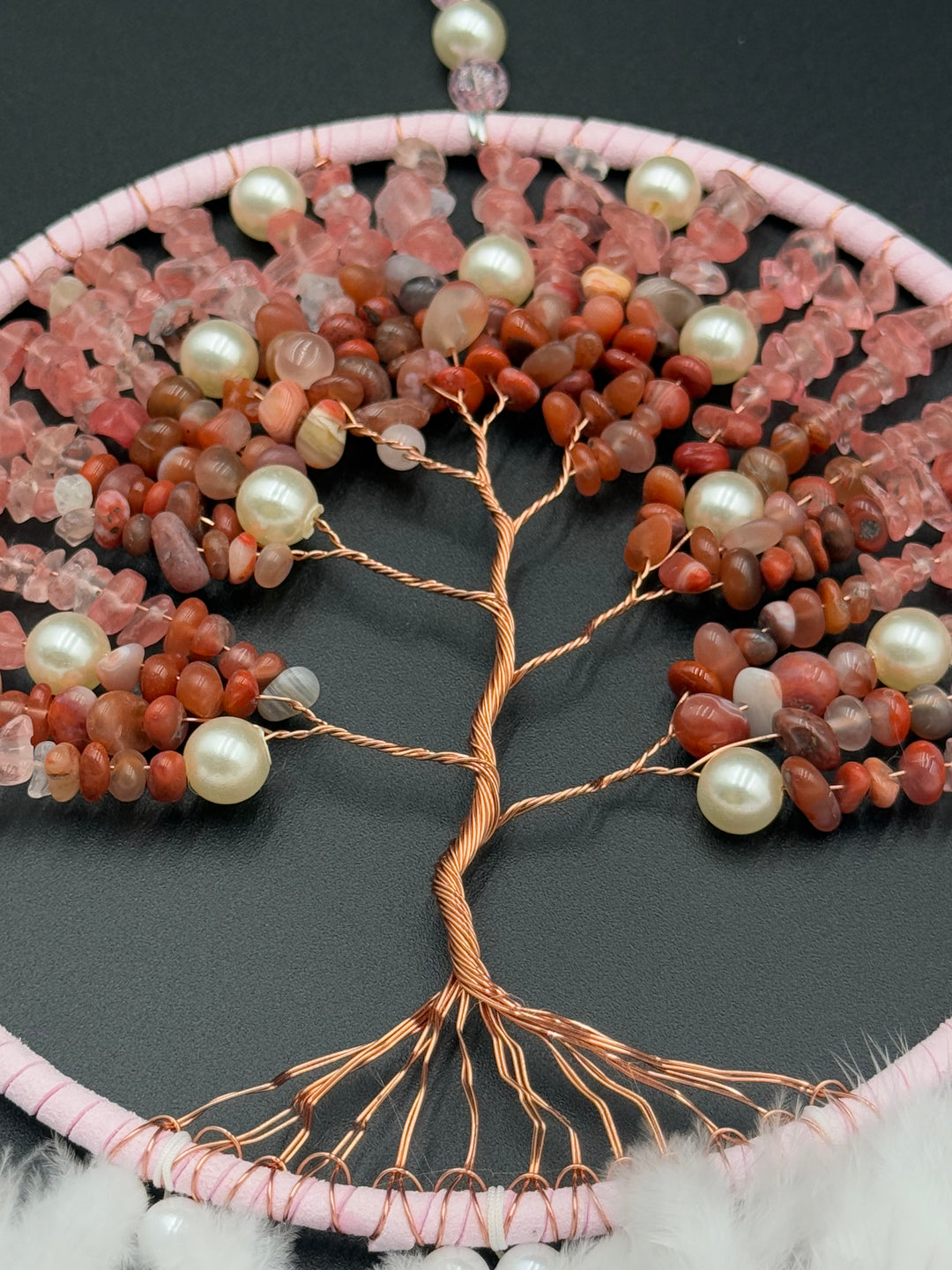 Tree of Love Dream Catcher – Rose Quartz, Carnelian, and Pearl Elegance