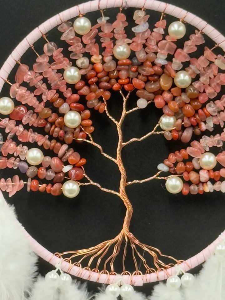 Tree of Love Dream Catcher – Rose Quartz, Carnelian, and Pearl Elegance