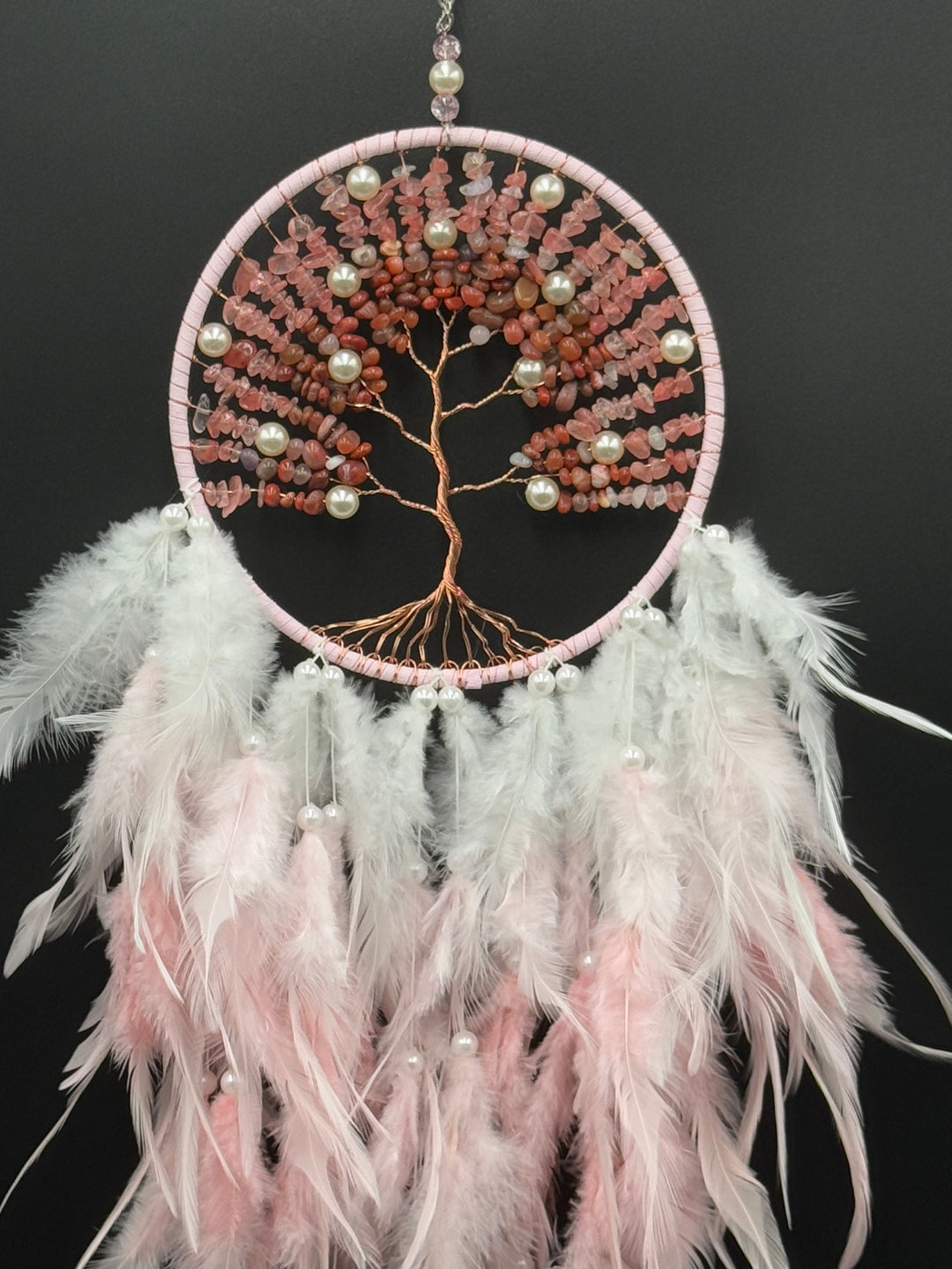 Tree of Love Dream Catcher – Rose Quartz, Carnelian, and Pearl Elegance